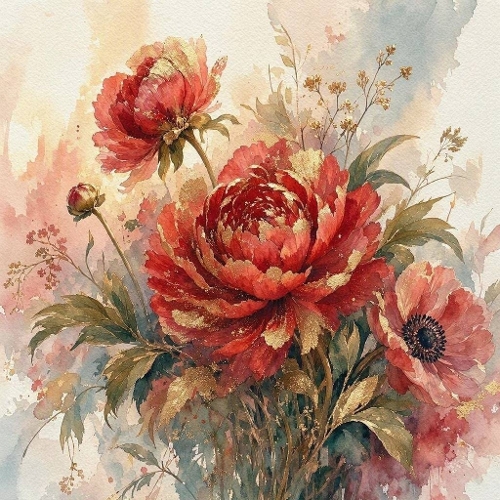 Red  Watercolor Peony Bouquet Illustration