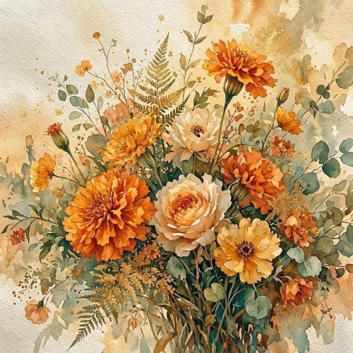 Orange Cream and Yellow Watercolor Floral Bouquet Illustration