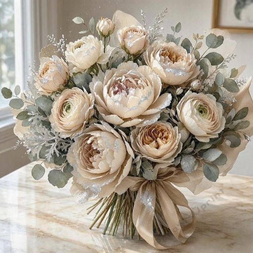 Cream Peonies Winter Bouquet Watercolor Illustration