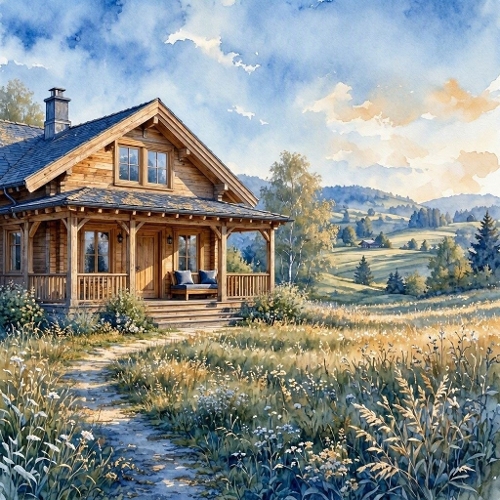 1024×1024 Watercolor Countryside Cabin – Cozy Wooden Home with Meadow Path, Wildflowers & Rolling Hills