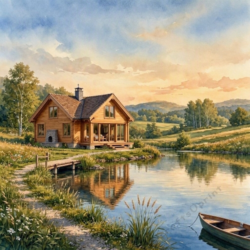 1024×1024 Watercolor Lakeside Cabin – Cozy Wooden Home with Rowboat, Sunset Pond & Rolling Hills