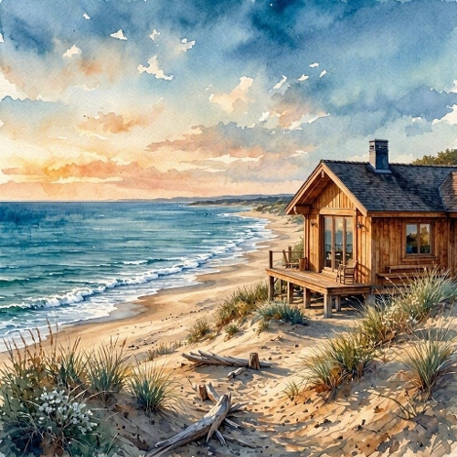 1024×1024 Watercolor Beach House – Coastal Wooden Home on Sandy Dunes with Ocean Waves & Sunset Sky