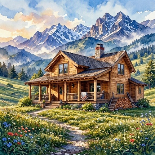 1024×1024 Watercolor Mountain Cabin – Rustic Wooden Home with Wildflower Meadow, Evergreen Forest & Snow‑Capped Peaks