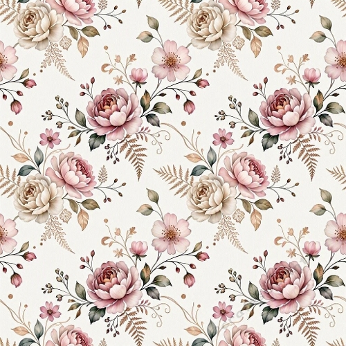 1024×1024 Seamless Floral Pattern – Pink & Cream Roses, Peonies, Green Leaves on Soft Cream Background