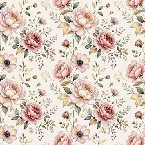 1024×1024 Seamless Floral Pattern – Pink & Cream Peonies, Anemones & Golden Leaves on Light Background
