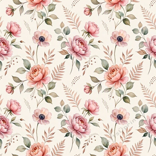 1024×1024 Seamless Floral Pattern – Pink & Peach Peonies, Anemones & Green Leaves on Light Beige Background