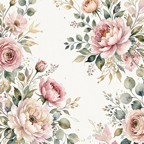 1024×1024 Watercolor Floral Illustration – Pink, Cream & Peach Peonies, Roses & Golden Leaves on Light Background