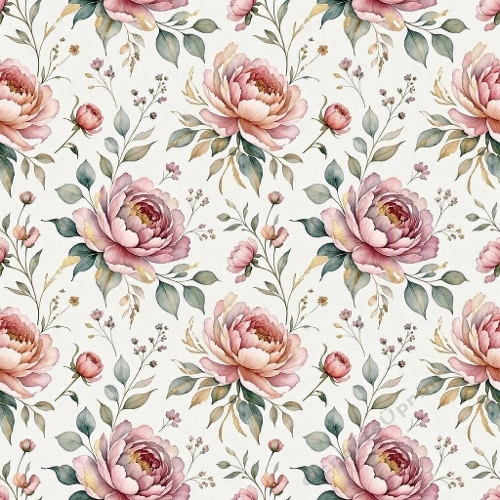 1024×1024 Seamless Floral Pattern – Pink & Mauve Peonies with Green & Gold Leaves on Cream Background