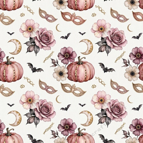 1024×1024 Seamless Halloween Floral Pattern – Pink Pumpkins, Roses, Gold Masks, Crescent Moons & Bats on Cream Background