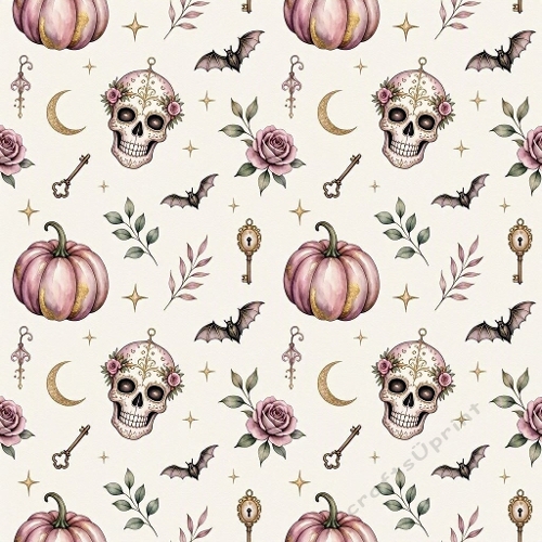 1024×1024 Seamless Halloween Gothic Pattern – Floral Skulls, Pink Pumpkins, Bats, Crescent Moons & Vintage Keys on Cream Background