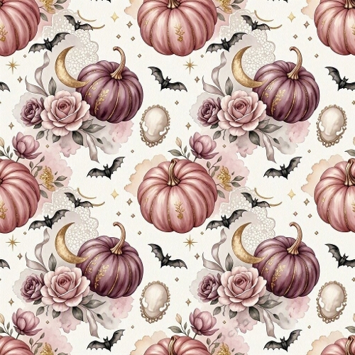 1024×1024 Seamless Halloween Cameo Pattern – Pink & Purple Pumpkins, Gold Crescent Moons, Bats, Roses & Ornate Silhouettes on Pastel Background
