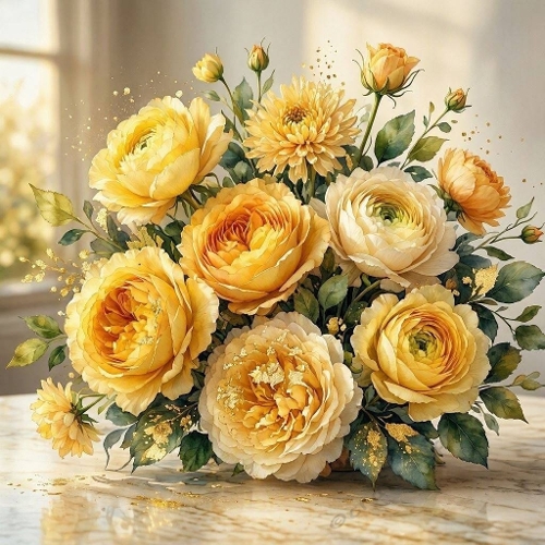 Yellow and Cream Floral Bouquet Watercolor Illustration
