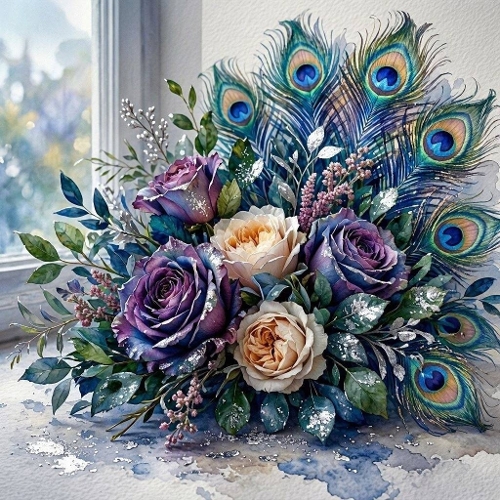 Purple Roses and Peacock Feathers Watercolor Bouquet Illustration