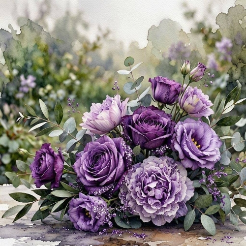 Purple Roses and Peonies Watercolor Floral Bouquet Illustration