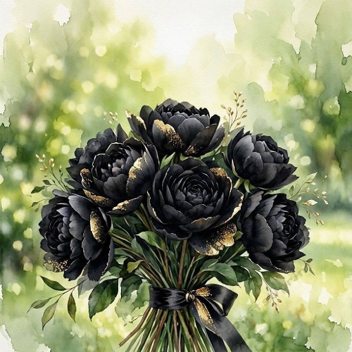 Black Peonies with Gold Accents Watercolor Bouquet Illustration
