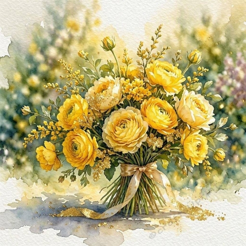 Yellow Roses Watercolor Bouquet Illustration