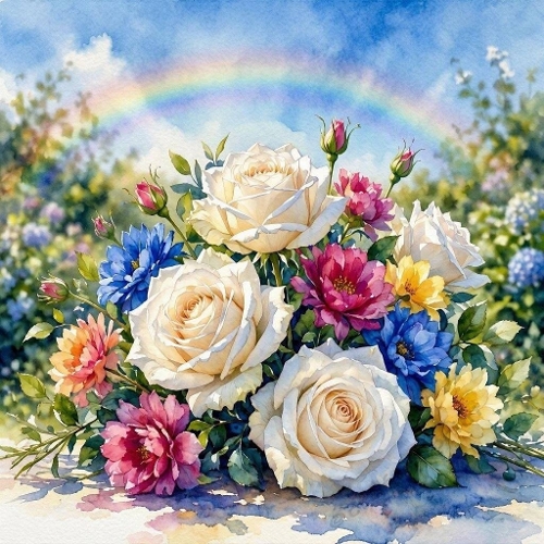 White Roses Garden Rainbow Watercolor Bouquet Illustration