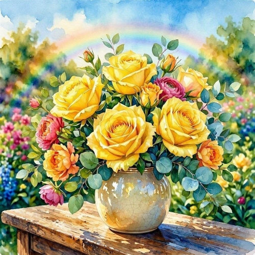 Yellow Roses Rainbow Garden Watercolor Vase Illustration
