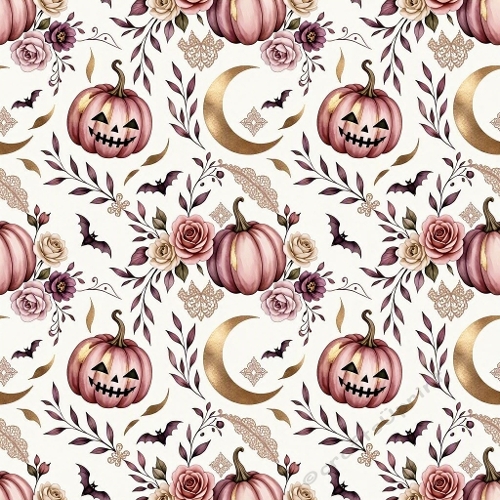 1024×1024 Seamless Halloween Floral Pattern – Pink Jack‑O‑Lantern Pumpkins, Gold Crescent Moons, Bats & Mauve Roses on Cream Background