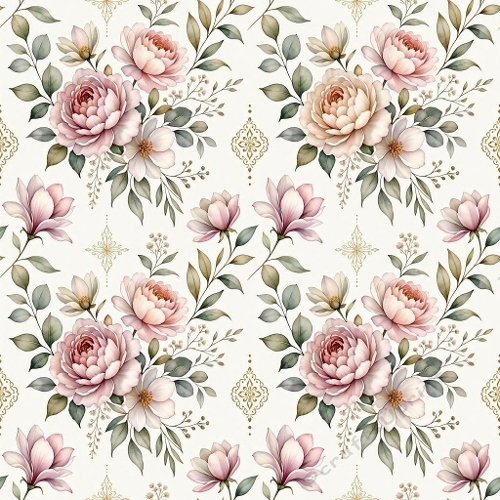 1024×1024 Seamless Floral Pattern – Pink & Cream Peonies, Magnolia Blooms, Green & Olive Leaves with Gold Ornaments on Beige Background