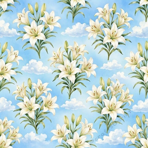 1024×1024 Seamless Floral Sky Pattern – White Lilies, Green Leaves & Cloudy Light Blue Background