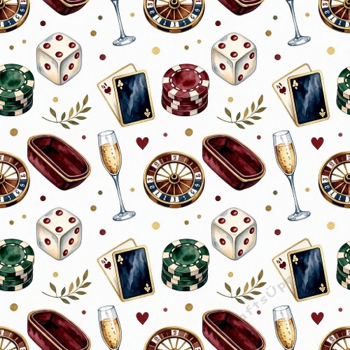 1024×1024 Seamless Casino Pattern – Roulette Wheels, Dice, Poker Chips, Aces, Champagne Glasses & Luxury Accents on White Background