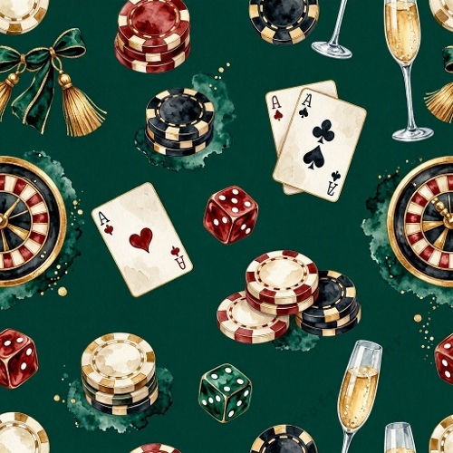 1024×1024 Seamless Casino Pattern – Playing Cards, Poker Chips, Dice, Roulette Wheels, Champagne & Gold Tassels on Dark Green Background