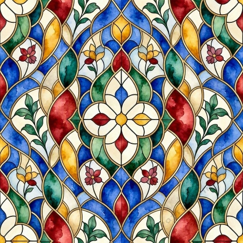 1024×1024 Seamless Stained‑Glass Floral Pattern – Symmetrical Flowers, Leaves & Colorful Geometric Motifs with Gold Outlines