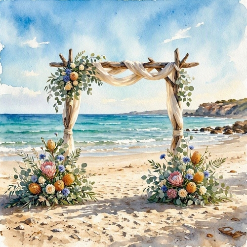 1024×1024 Watercolor Beach Wedding Arch – Rustic Wood, Draped Fabric & Floral Arrangement by the Sea