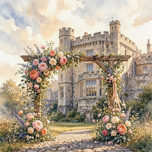 1024×1024 Watercolor Castle Wedding Arch – Floral Wooden Archway, Cobblestone Path & Romantic Fairytale Landscape