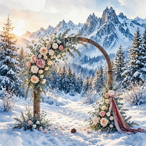 Winter Mountain Wedding Arch Watercolor Pastel Roses Illustration