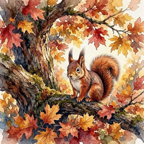 Autumn Woodland Squirrel Watercolor Fall Leaves Illustration