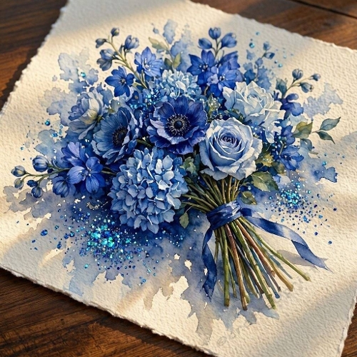 Blue Wedding Floral Bouquet Watercolor Elegant Botanical Illustration