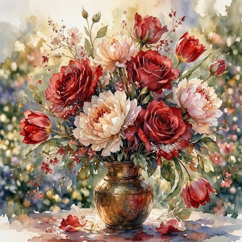 Red Rose and Peony Wedding Bouquet Watercolor Golden Vase Illustration