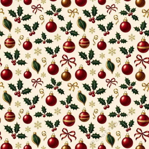 Christmas Ornament and Holly Pattern Festive Watercolor Seamless Design
