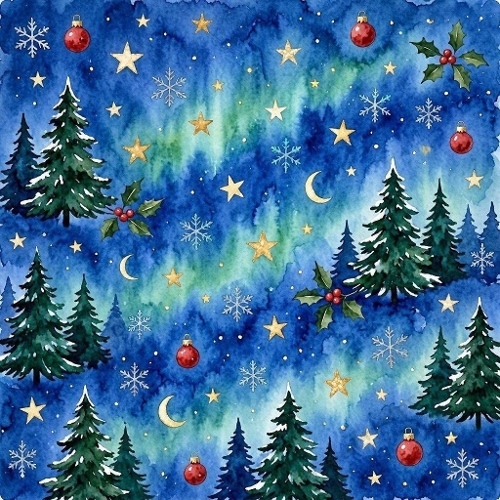 Winter Forest Christmas Watercolor Aurora Festive Seamless Design