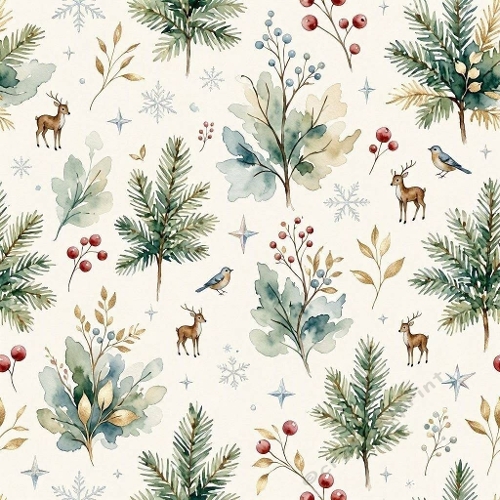 Winter Woodland Deer and Bird Watercolor Pattern Seamless Design