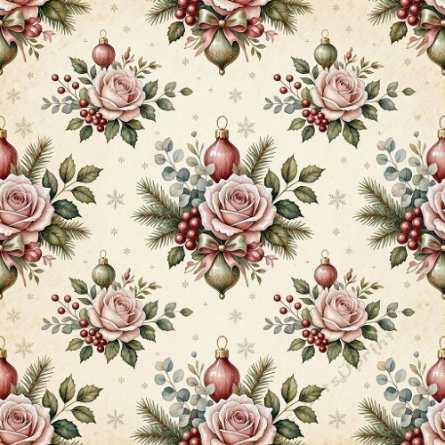 Pink Rose Christmas Watercolor Pattern Floral Festive Seamless Design