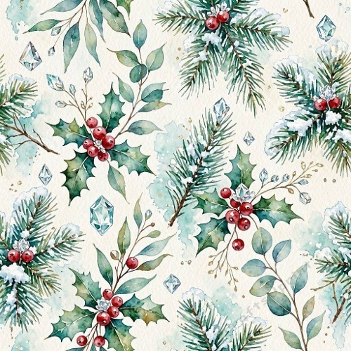 Winter Botanical and Crystal Watercolor Pattern Festive Seamless Design
