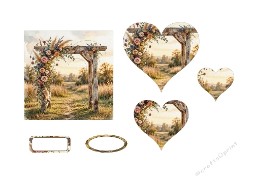 3D Rustic Wedding Arch Heart Topper Country Floral Watercolor Sheet