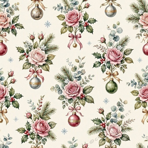 Pink Rose Christmas Bouquet Watercolor Festive Seamless Pattern