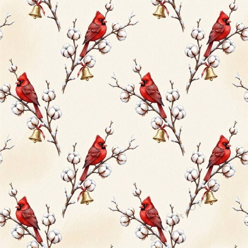 Red Cardinal Cotton Flower Watercolor Festive Seamless Pattern