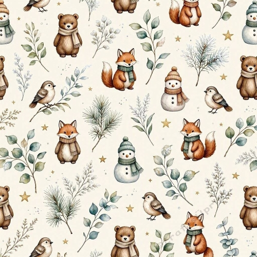 Winter Woodland Animals Watercolor Festive Seamless Pattern
