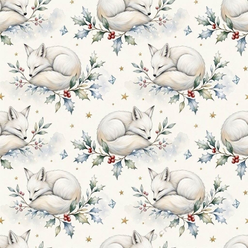 Sleeping White Fox Winter Watercolor Holly Seamless Pattern