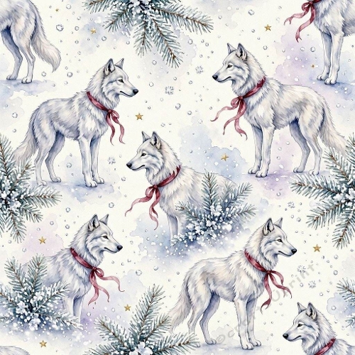 White Wolf Winter Watercolor Snowy Branches Seamless Pattern