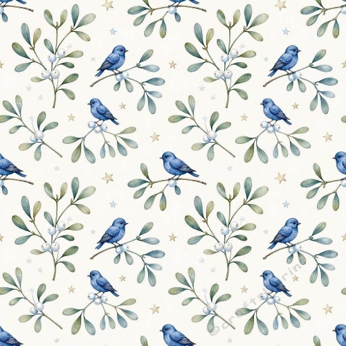 Blue Bird Watercolor Winter Leaves Seamless Pattern