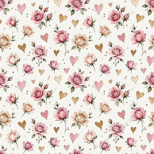 Romantic Roses and Hearts Watercolor Seamless Pattern
