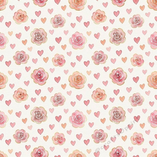 Peach Roses and Hearts Watercolor Romantic Seamless Pattern