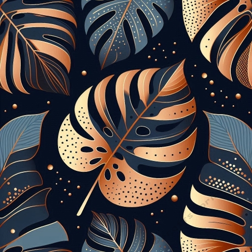Luxury Gold and Blue Tropical Leaves Pattern 1024x1024 JPEG