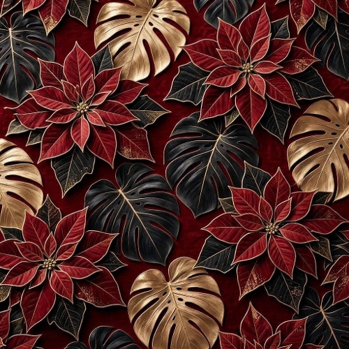 Red Poinsettia and Gold Monstera Luxury Pattern 1024x1024 JPEG